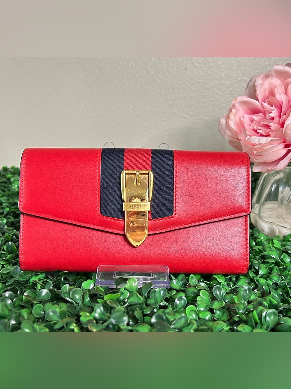 Gucci Sylvie Red Leather Web Continental Wallet WOC Option Gold Lock